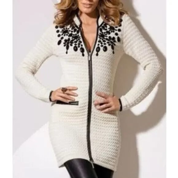 Boston Proper Textured Sweater Coat Size X-Small Beaded Zip Front - Picture 10 of 13